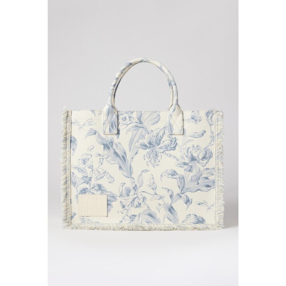 SANDRO Women's Blue Floral Print Magnetic Closure Frayed Edges Kasbah Tote Bag - Picture 2 of 16